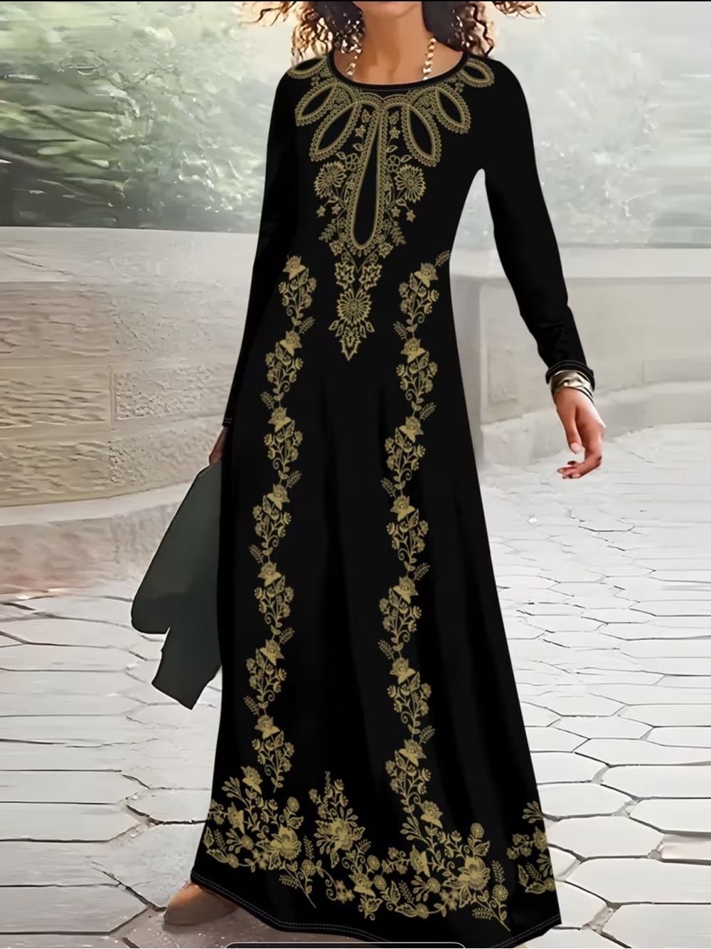 Elegant Black Maxi Dress with Gold Embroidery